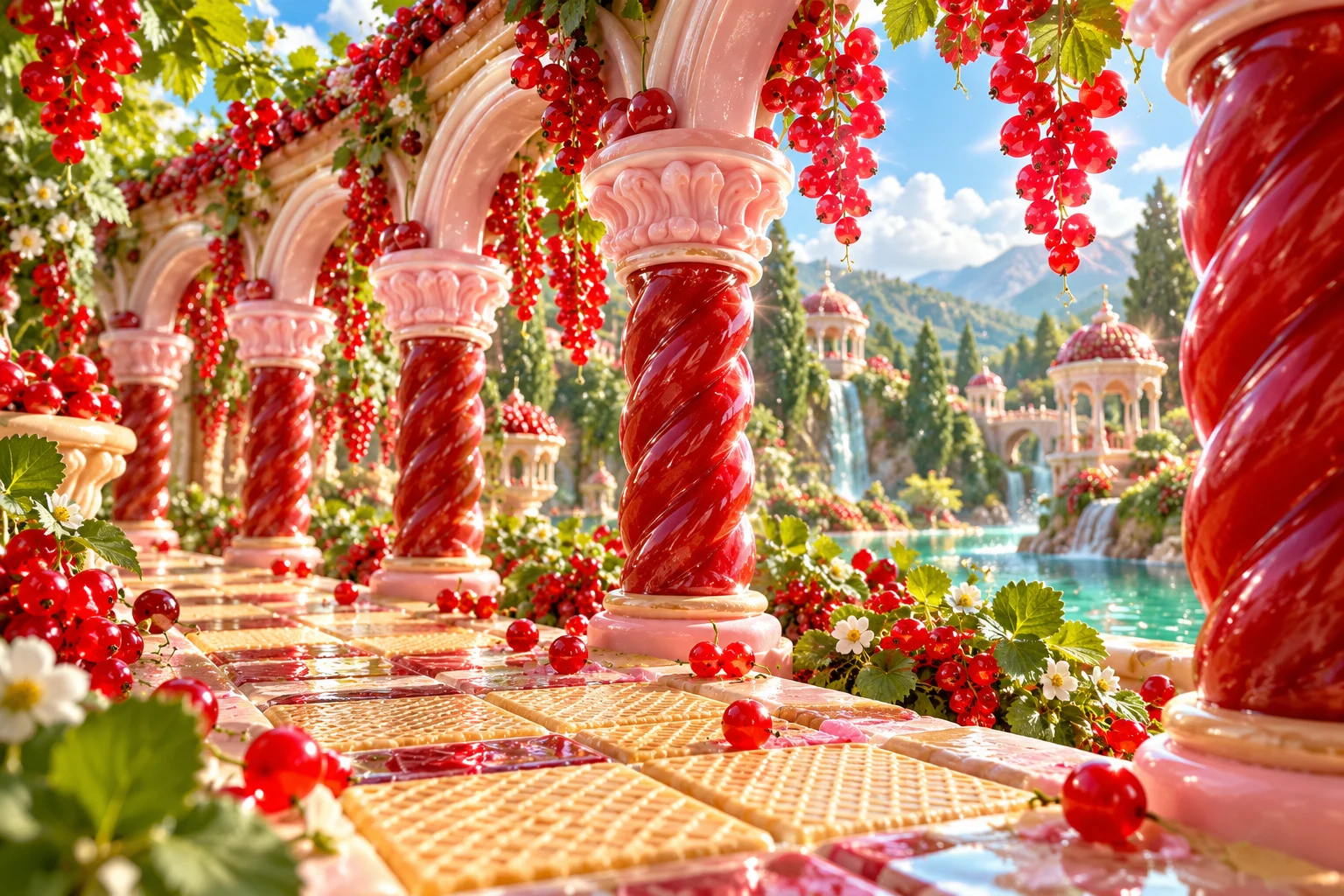 Cherry colonnade in Tiravunora's illustrated fruit and confectionery world