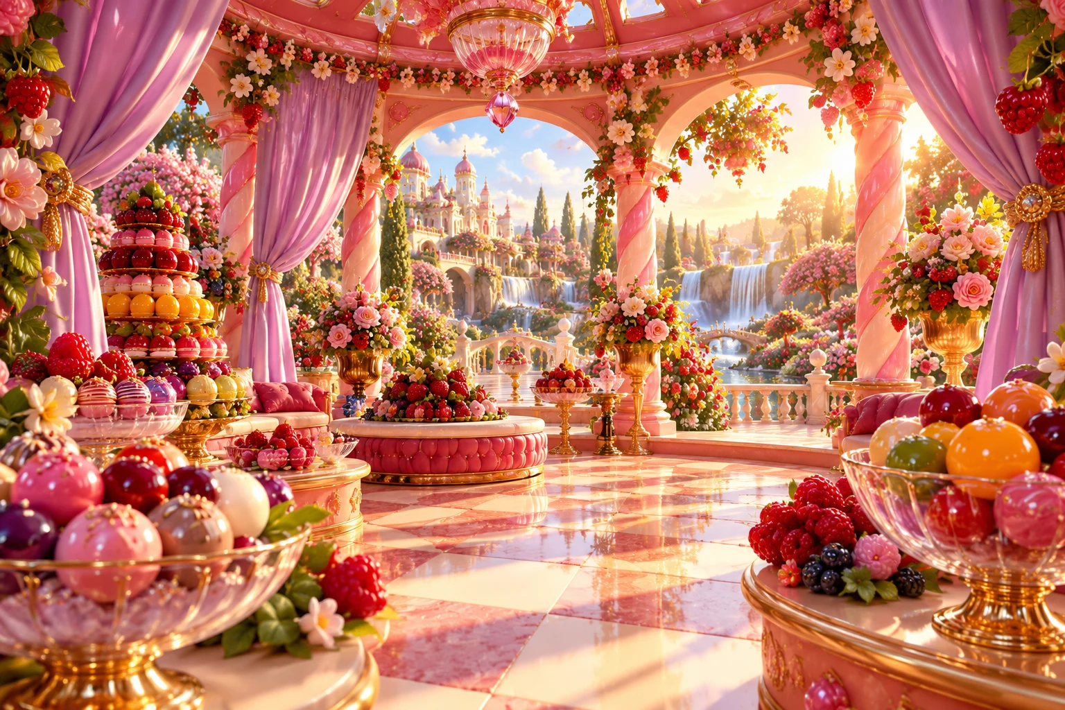 Ribbon pavilion in Tiravunora's illustrated fruit and confectionery world