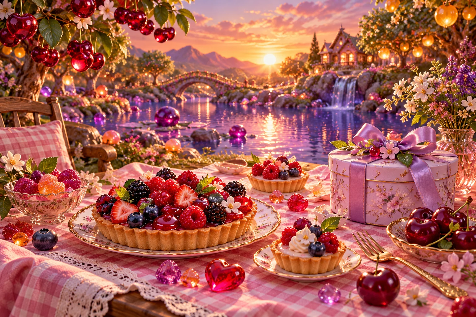 Sunset table in Tiravunora's illustrated fruit and confectionery world